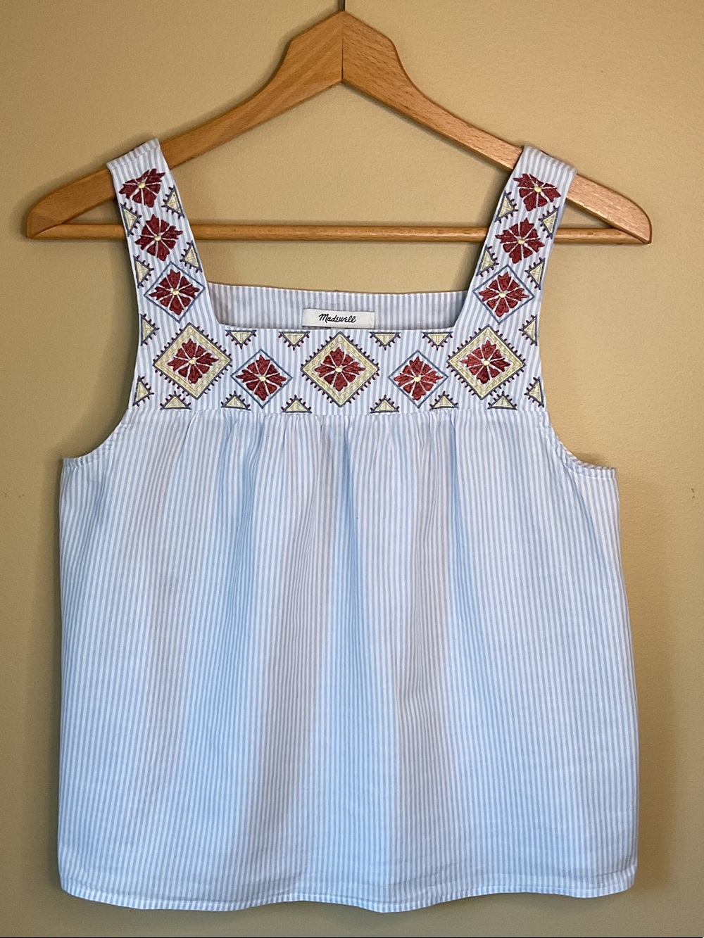 Madewell Blue and White Stripe Island Tank Embroidered Yoke size S
